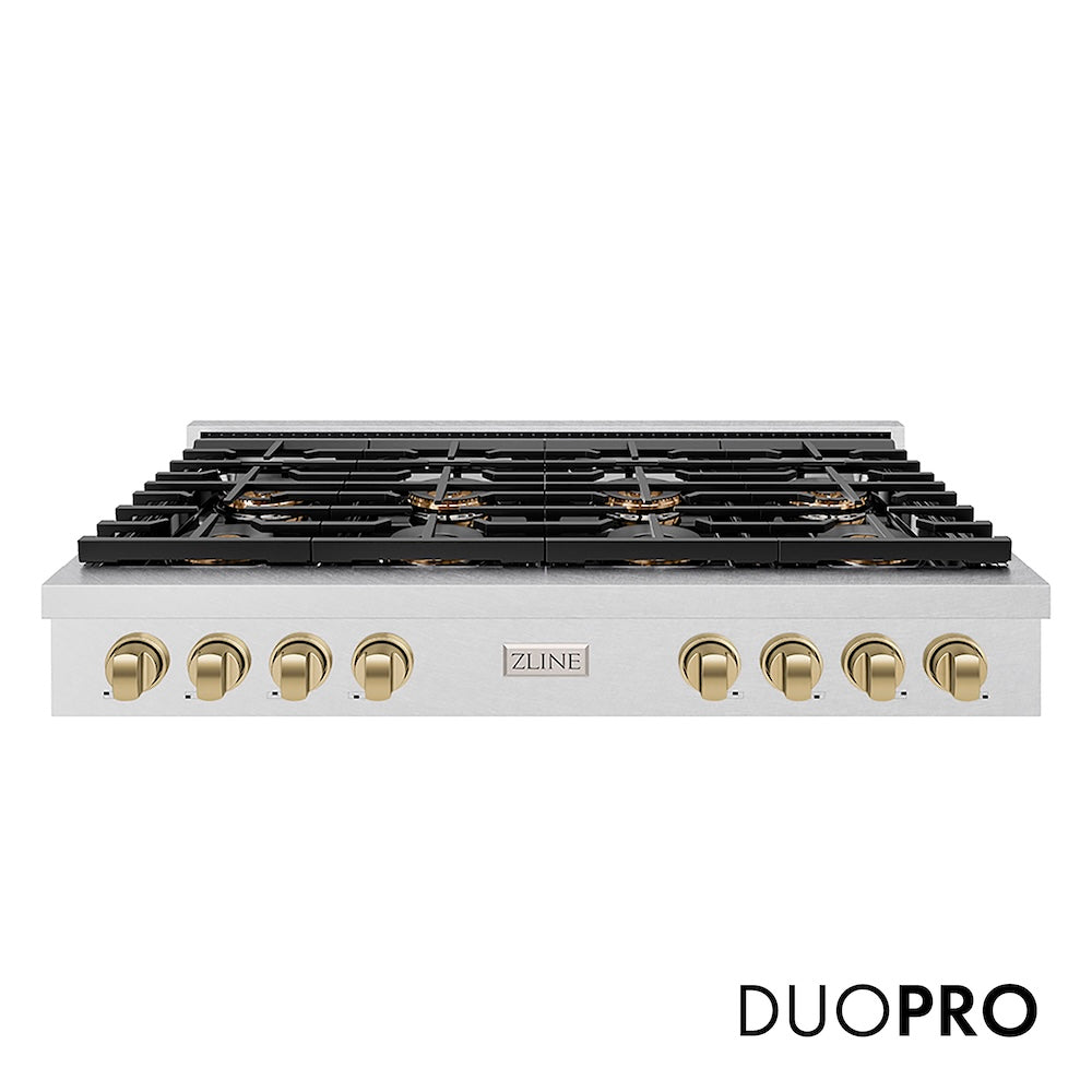 ZLINE Autograph Edition 48 in. Paramount Gas Rangetop with 8 Burner DuoPro™ Cooktop in Satin Stainless Steel and Champagne Bronze Accents (PSRTSZ-48-CB) main image.