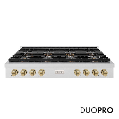 ZLINE Autograph Edition 48 in. Paramount Gas Rangetop with 8 Burner DuoPro™ Cooktop in Satin Stainless Steel and Champagne Bronze Accents (PSRTSZ-48-CB) front, with DuoPro™ logo.
