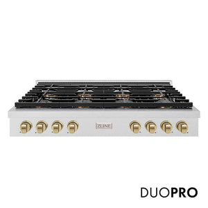 ZLINE Autograph Edition 48 in. Paramount Gas Rangetop with 8 Burner DuoPro™ Cooktop in Satin Stainless Steel and Champagne Bronze Accents, Open Box-Good Condition main image.