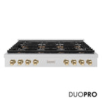 ZLINE Autograph Edition 48 in. Paramount Gas Rangetop with 8 Burner DuoPro™ Cooktop in Satin Stainless Steel and Polished Gold Accents (PSRTSZ-48-G) front, with DuoPro™ logo.