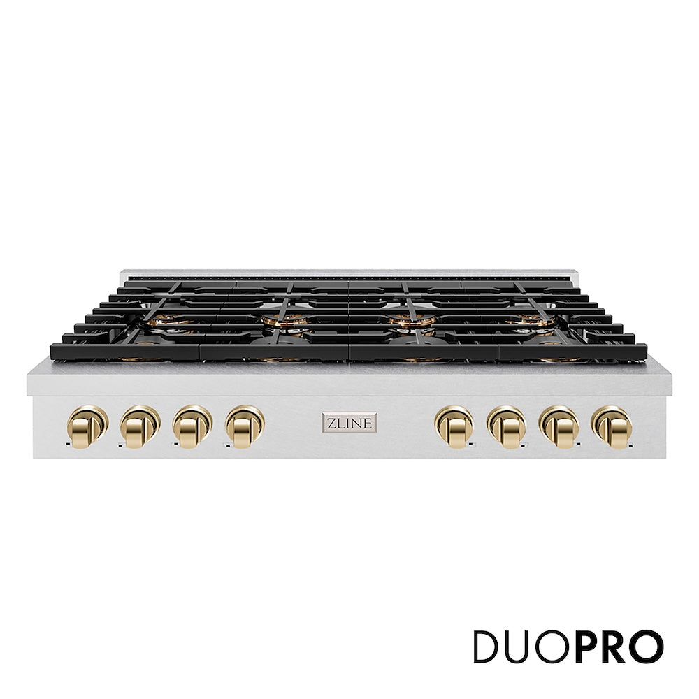 ZLINE Autograph Edition 48 in. Paramount Gas Rangetop with 8 Burner DuoPro™ Cooktop in Satin Stainless Steel and Polished Gold Accents (PSRTSZ-48-G) front, with DuoPro™ logo.