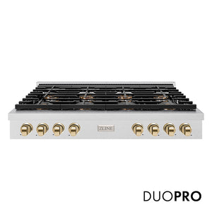 ZLINE Autograph Edition 48 in. Paramount Gas Rangetop with 8 Burner DuoPro™ Cooktop in Satin Stainless Steel and Polished Gold Accents (PSRTSZ-48-G) main image.
