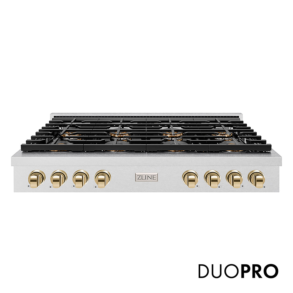 ZLINE Autograph Edition 48 in. Paramount Gas Rangetop with 8 Burner DuoPro™ Cooktop in Satin Stainless Steel and Polished Gold Accents, Open Box-Great Condition