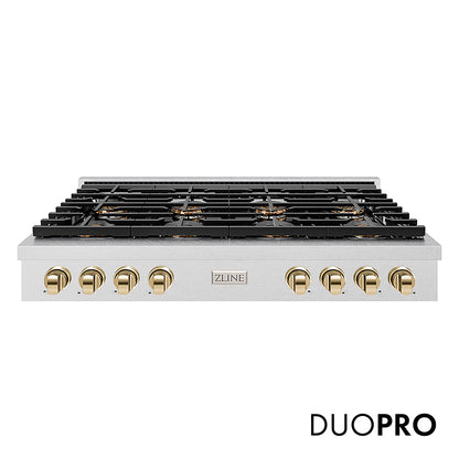 ZLINE Autograph Edition 48 in. Paramount Gas Rangetop with 8 Burner DuoPro™ Cooktop in Satin Stainless Steel and Polished Gold Accents, Open Box-Great Condition