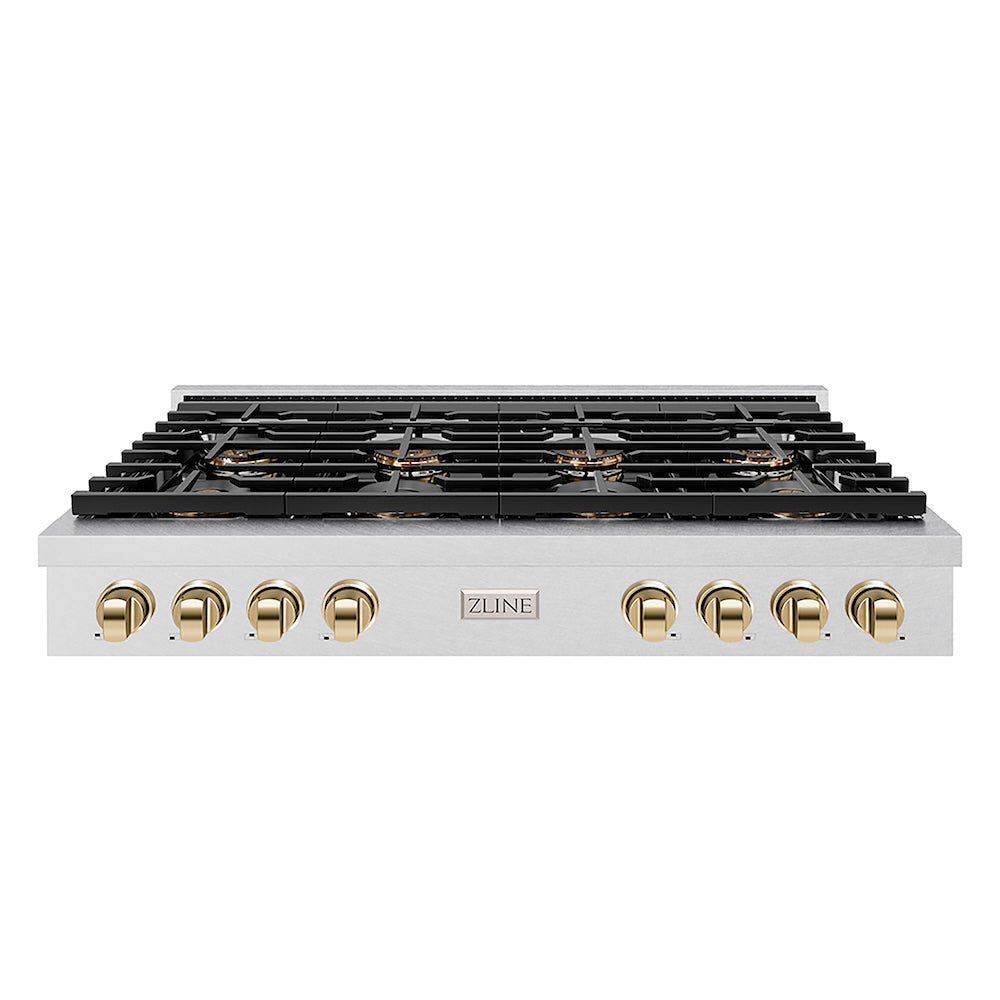 ZLINE Autograph Edition 48 in. Paramount Gas Rangetop with 8 Burner DuoPro™ Cooktop in Satin Stainless Steel and Polished Gold Accents (PSRTSZ-48-G) front.