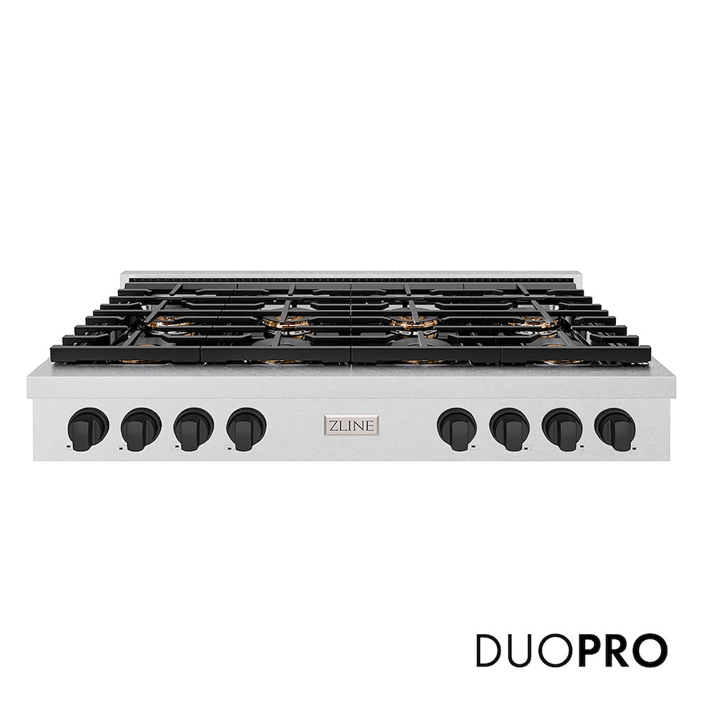 ZLINE Autograph Edition 48 in. Paramount Gas Rangetop with 8 Burner DuoPro™ Cooktop in Satin Stainless Steel and Matte Black Accents (PSRTSZ-48-MB) front, with DuoPro™ logo.