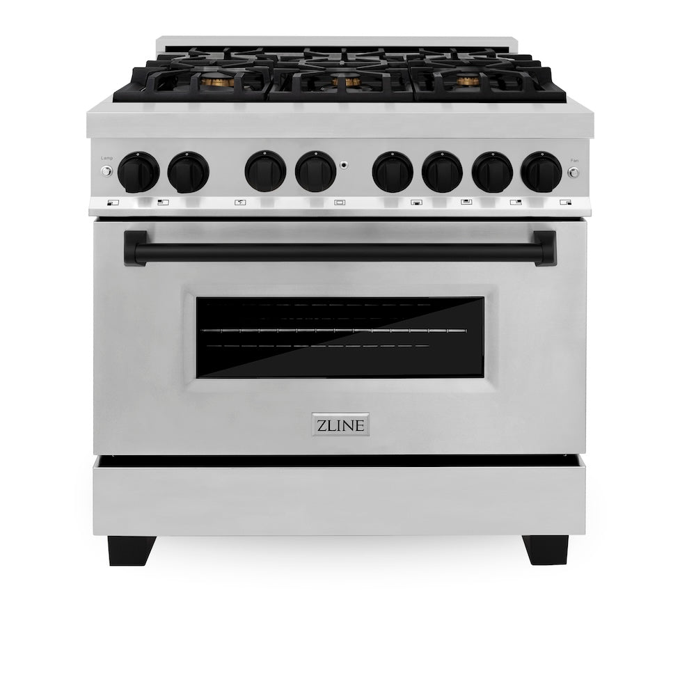 ZLINE Autograph Edition 36 in. Kitchen Package with Stainless Steel Dual Fuel Range, Range Hood, Dishwasher and Refrigeration with Matte Black Accents (4AKPR-RARHDWM36-MB)