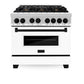ZLINE Autograph Edition 36 in. 4.6 cu. ft. Legacy Dual Fuel Range with 6 Burner Gas Cooktop and Electric Convection Oven in Stainless Steel with White Matte Door and Matte Black Accents (RAZ-WM-36-MB) front, oven closed.