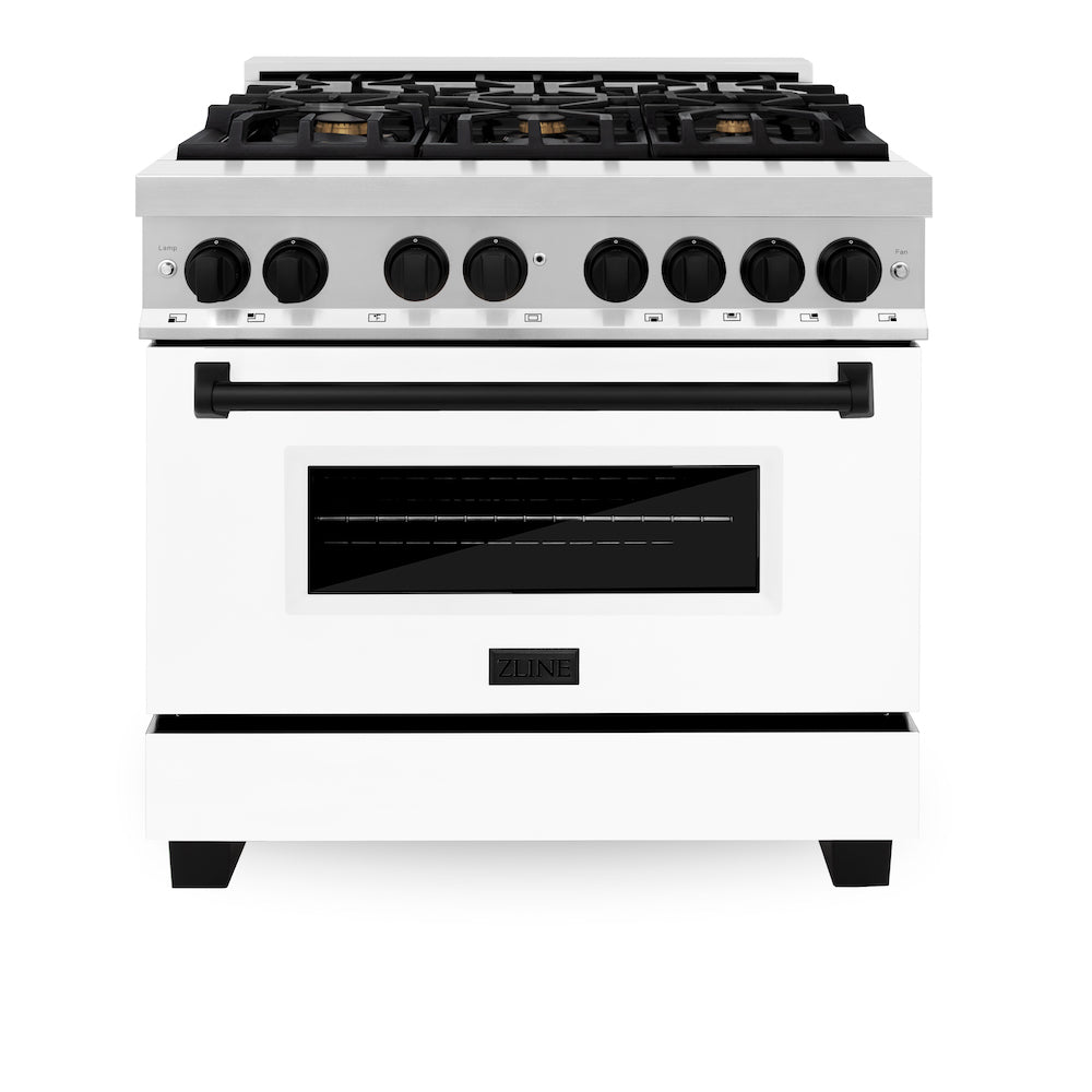 ZLINE Autograph Edition 36 in. 4.6 cu. ft. Legacy Dual Fuel Range with 6 Burner Gas Cooktop and Electric Convection Oven in Stainless Steel with White Matte Door and Matte Black Accents (RAZ-WM-36-MB) front, oven closed.