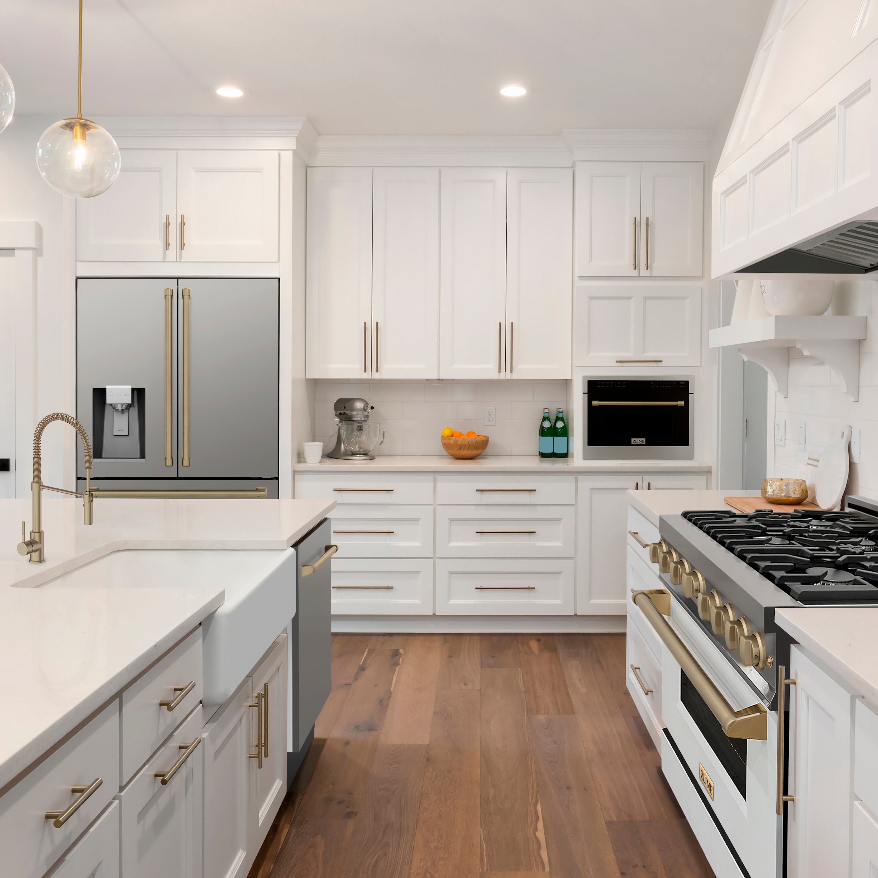 ZLINE appliances in a luxury white farmhouse-style kitchen.
