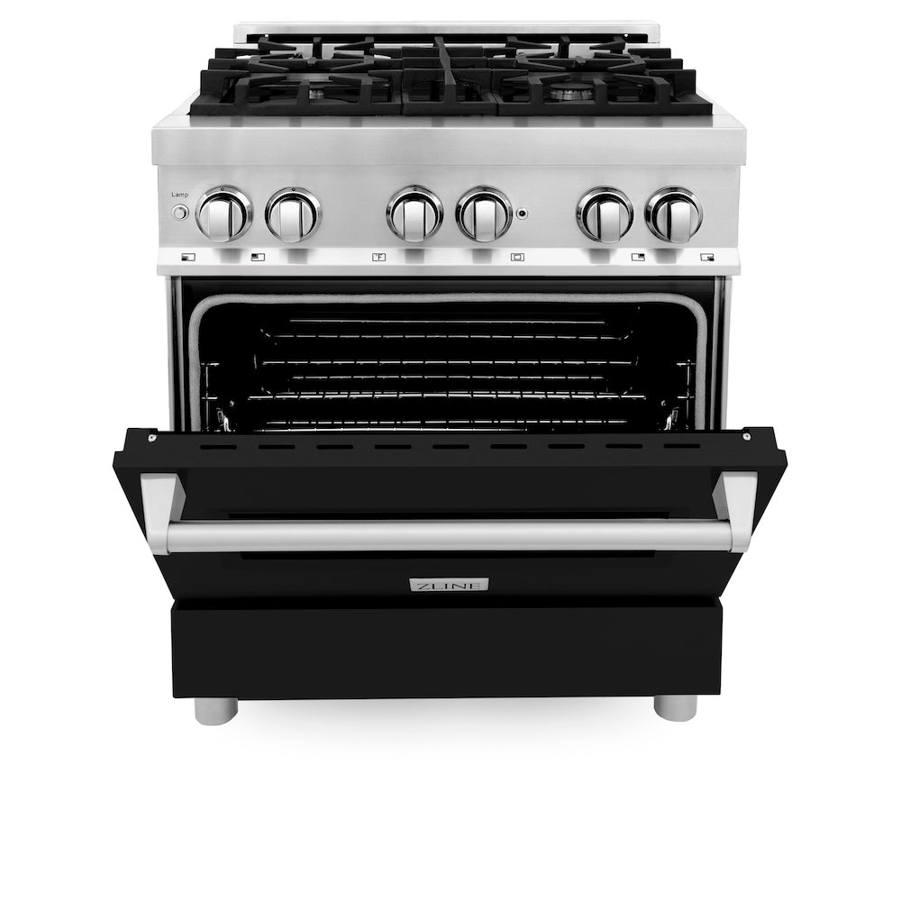 ZLINE 30 in. 4.0 cu. ft. Dual Fuel Range with Gas Stove and Electric Oven in Stainless Steel with Black Matte Door (RA-BLM-30) front, oven half open.