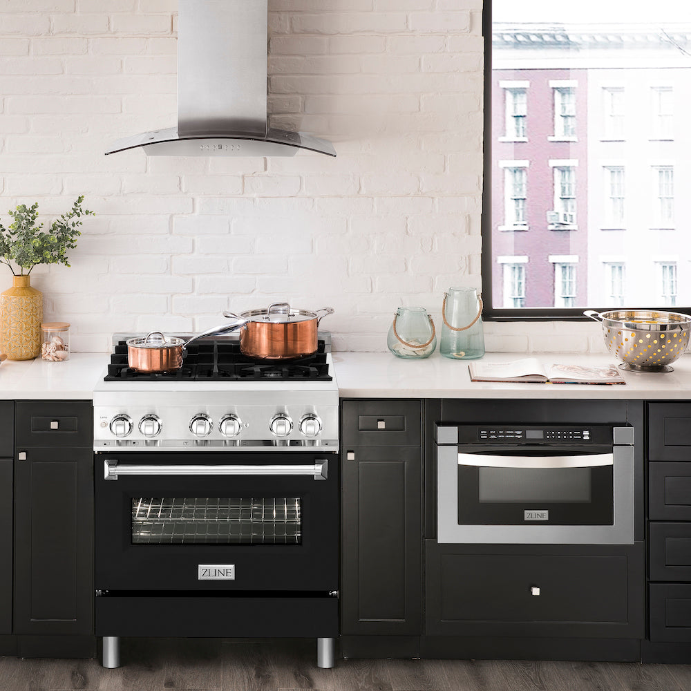 ZLINE 30 in. 4.0 cu. ft. Dual Fuel Range with Gas Stove and Electric Oven in Stainless Steel with Black Matte Door (RA-BLM-30) front, oven closed.