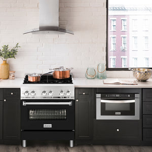 ZLINE 30 in. 4.0 cu. ft. Legacy Dual Fuel Range with 4 Burner Gas Cooktop and Electric Convection Oven in Stainless Steel and Black Matte Door (RA-BLM-30) in a luxury kitchen.