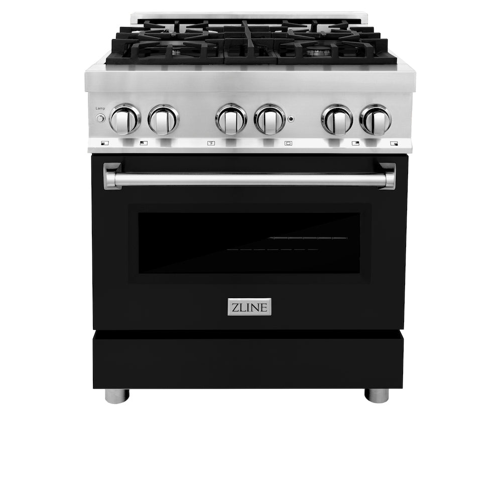 ZLINE 30 in. 4.0 cu. ft. Dual Fuel Range with Gas Stove and Electric Oven in Stainless Steel with Black Matte Door (RA-BLM-30) front, oven closed.