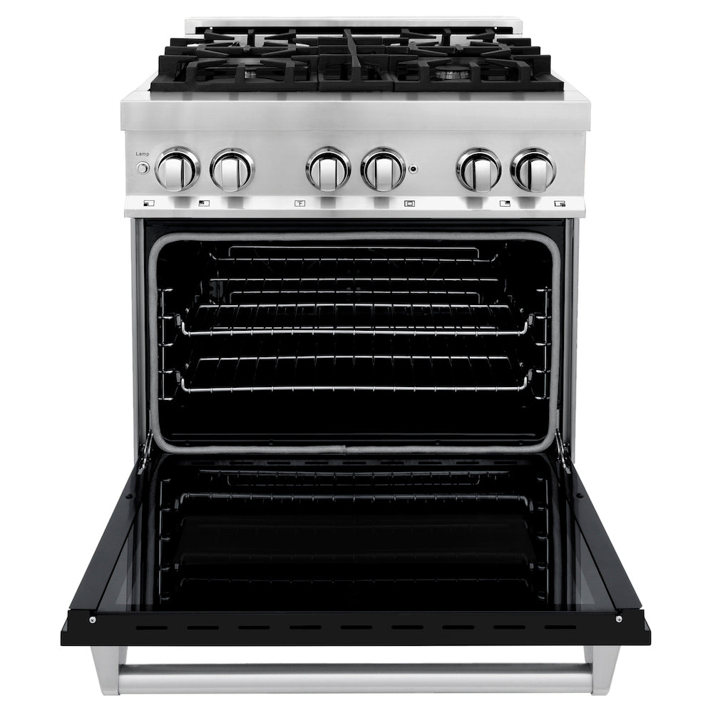 ZLINE 30 in. 4.0 cu. ft. Dual Fuel Range with Gas Stove and Electric Oven in Stainless Steel with Black Matte Door (RA-BLM-30) front, oven open.