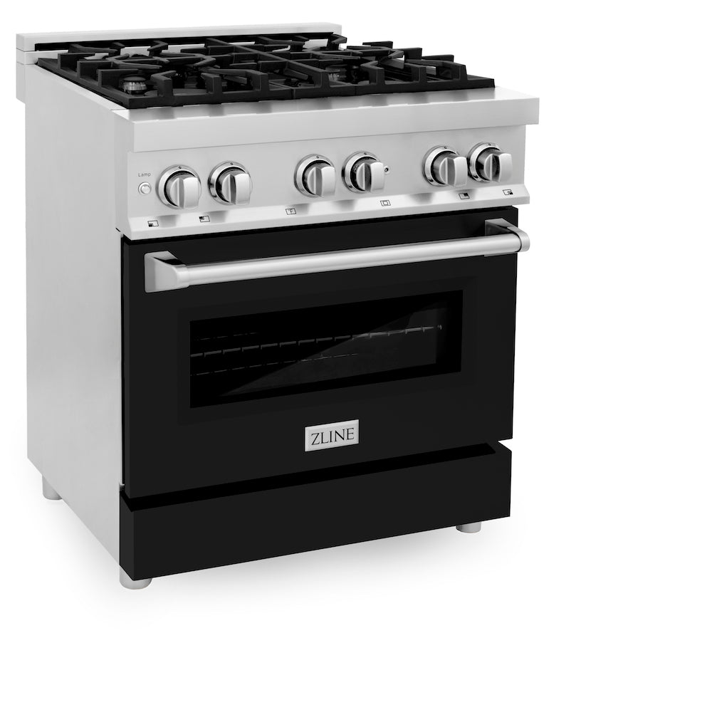 ZLINE 30 in. 4.0 cu. ft. Dual Fuel Range with Gas Stove and Electric Oven in Stainless Steel with Black Matte Door (RA-BLM-30) side, oven closed.