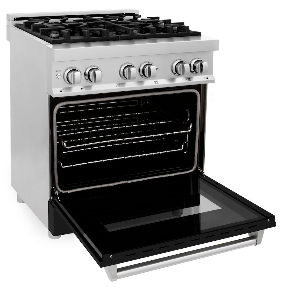 ZLINE 30 in. 4.0 cu. ft. Dual Fuel Range with Gas Stove and Electric Oven in Stainless Steel with Black Matte Door (RA-BLM-30) side, oven open.