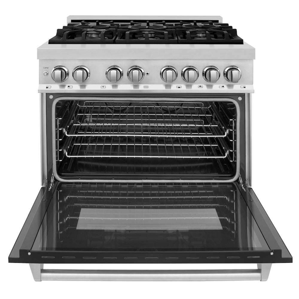 ZLINE 36 in. Dual Fuel Range with Gas Stove and Electric Oven in Stainless Steel with Black Matte Door (RA-BLM-36) front, oven open.