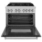 ZLINE 36 in. 4.6 cu. ft. Legacy Dual Fuel Range with 6 Burner Gas Cooktop and Electric Convection Oven in Stainless Steel and Black Matte Door (RA-BLM-36) front, oven open.