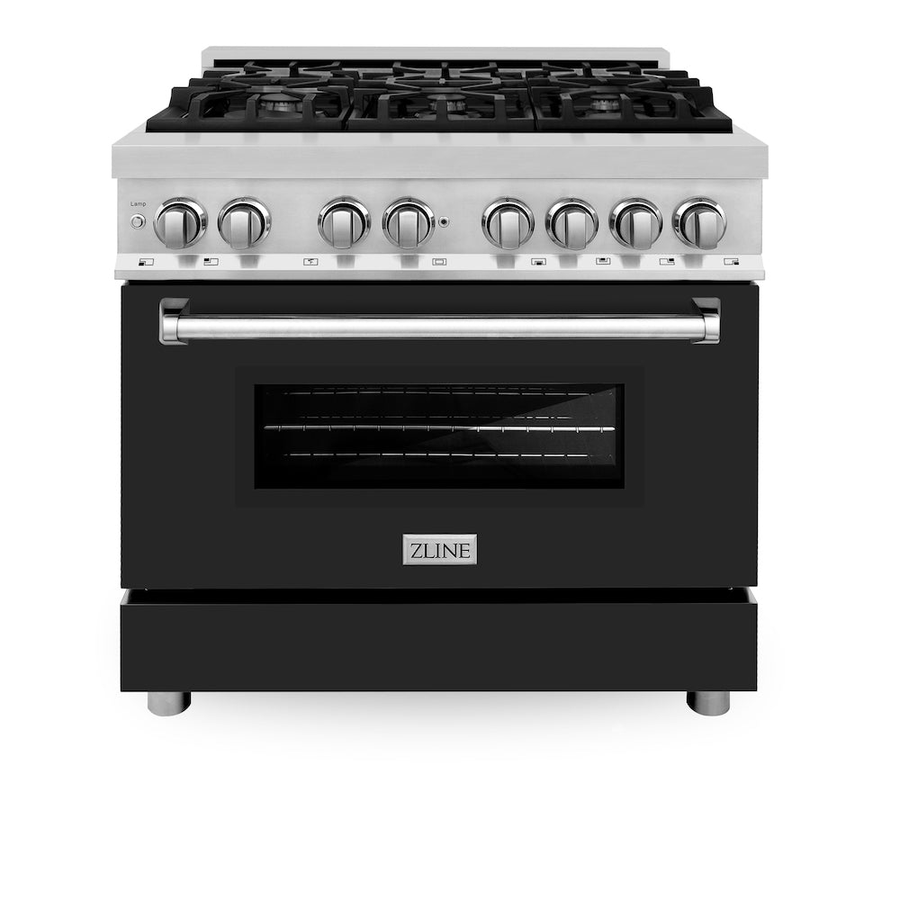 ZLINE 36 in. 4.6 cu. ft. Legacy Dual Fuel Range with 6 Burner Gas Cooktop and Electric Convection Oven in Stainless Steel and Black Matte Door (RA-BLM-36) front, oven closed.