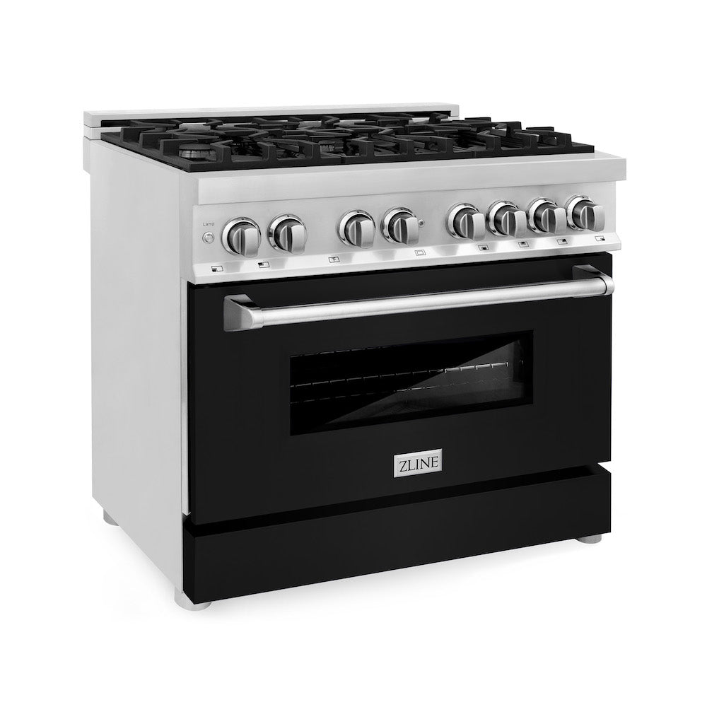 ZLINE 36 in. 4.6 cu. ft. Legacy Dual Fuel Range with 6 Burner Gas Cooktop and Electric Convection Oven in Stainless Steel and Black Matte Door (RA-BLM-36) main image.