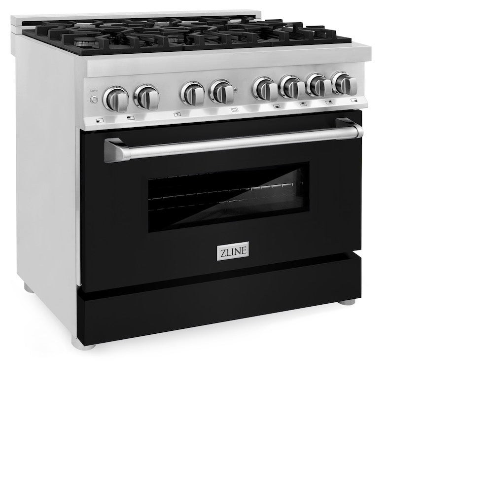 ZLINE 36 in. Dual Fuel Range with Gas Stove and Electric Oven in Stainless Steel with Black Matte Door (RA-BLM-36) side, oven closed.