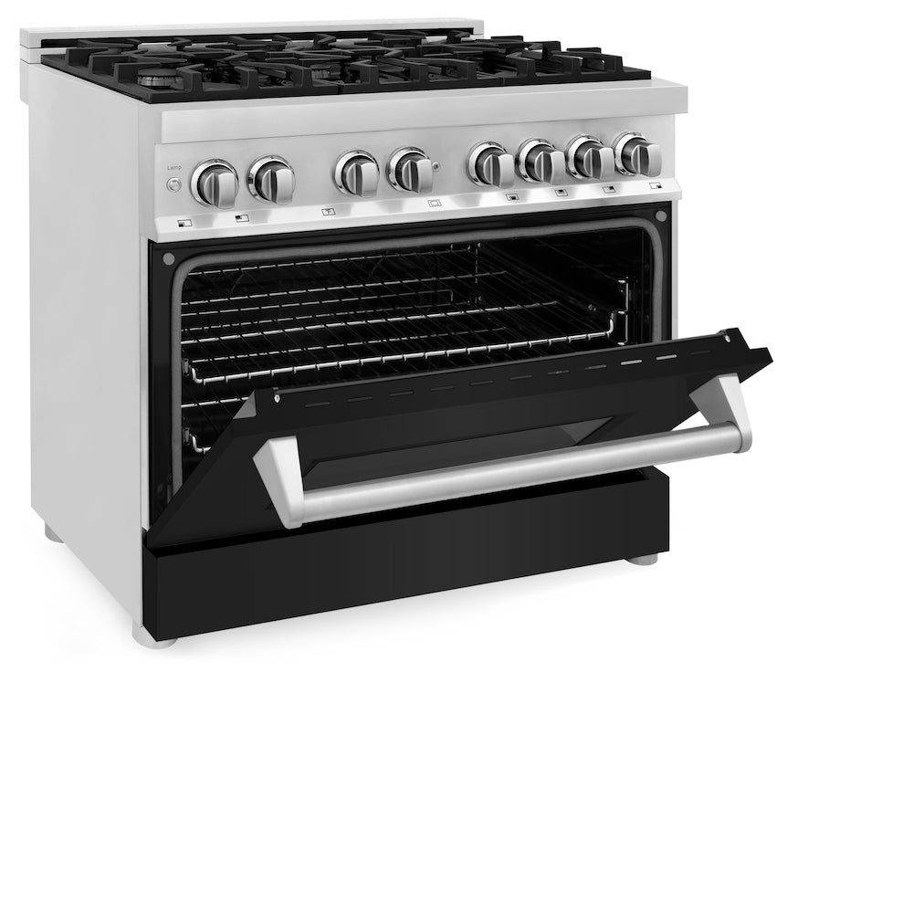 ZLINE 36 in. 4.6 cu. ft. Legacy Dual Fuel Range with 6 Burner Gas Cooktop and Electric Convection Oven in Stainless Steel and Black Matte Door (RA-BLM-36) side, oven half open.