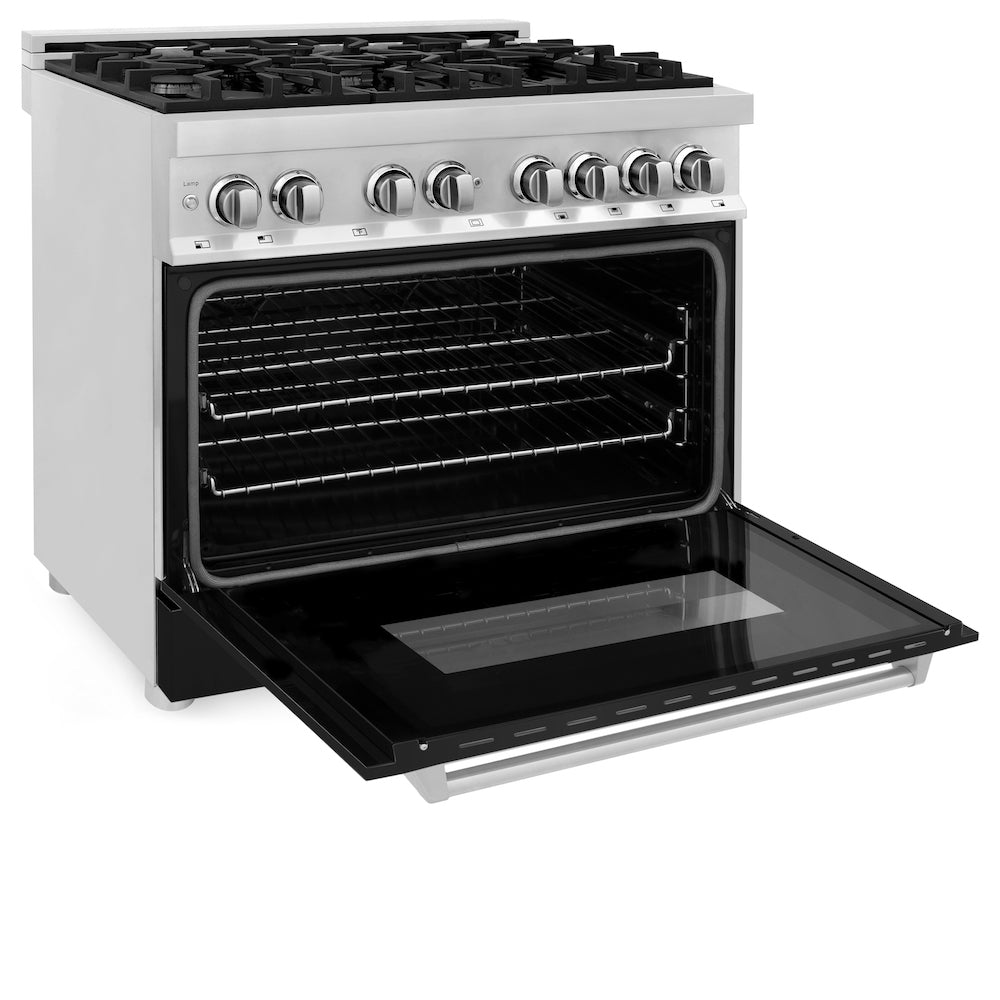 ZLINE 36 in. Dual Fuel Range with Gas Stove and Electric Oven in Stainless Steel with Black Matte Door (RA-BLM-36) side, oven open.