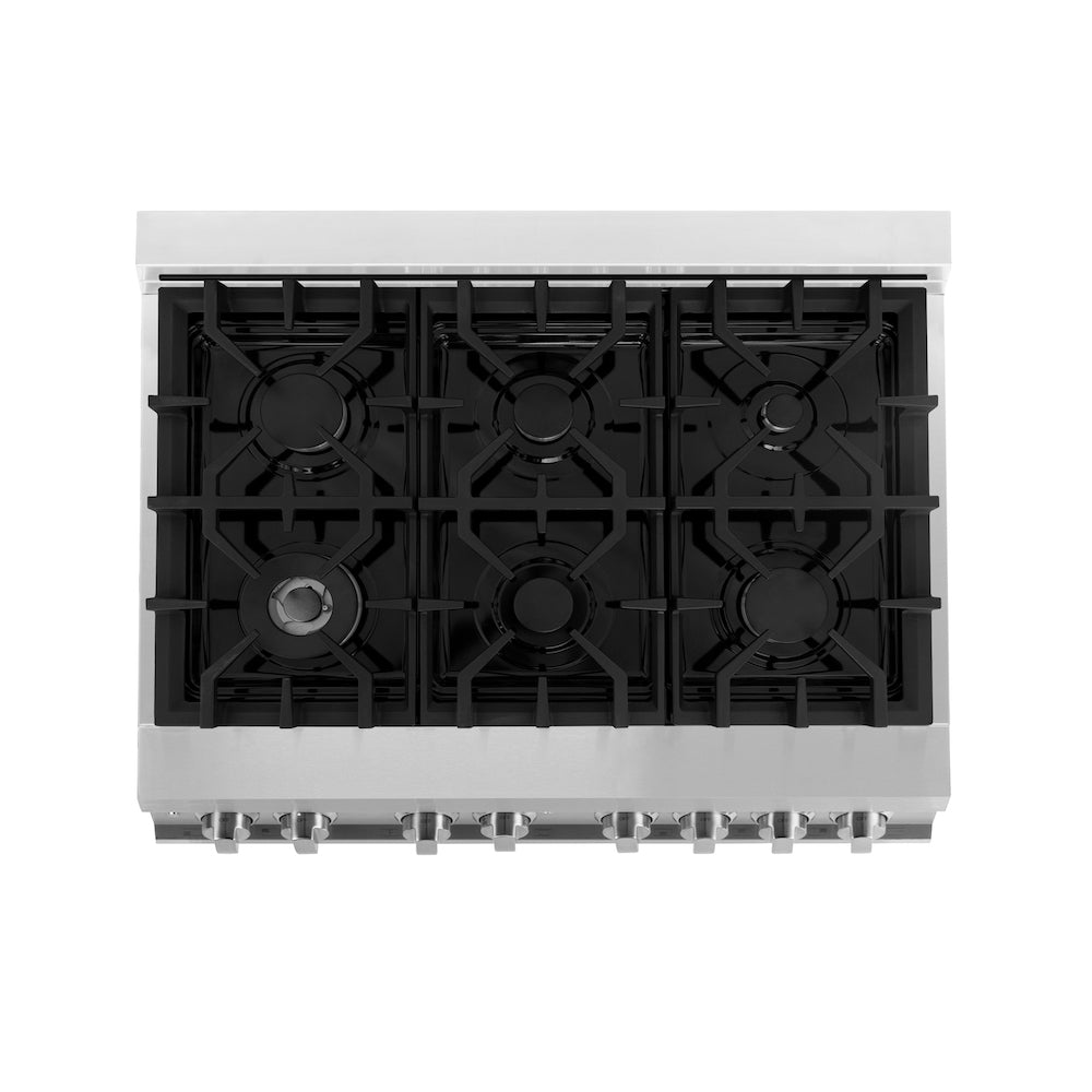 ZLINE 36 in. 4.6 cu. ft. Legacy Dual Fuel Range with 6 Burner Gas Cooktop and Electric Convection Oven in Stainless Steel and Black Matte Door (RA-BLM-36) top-down, above cooktop.