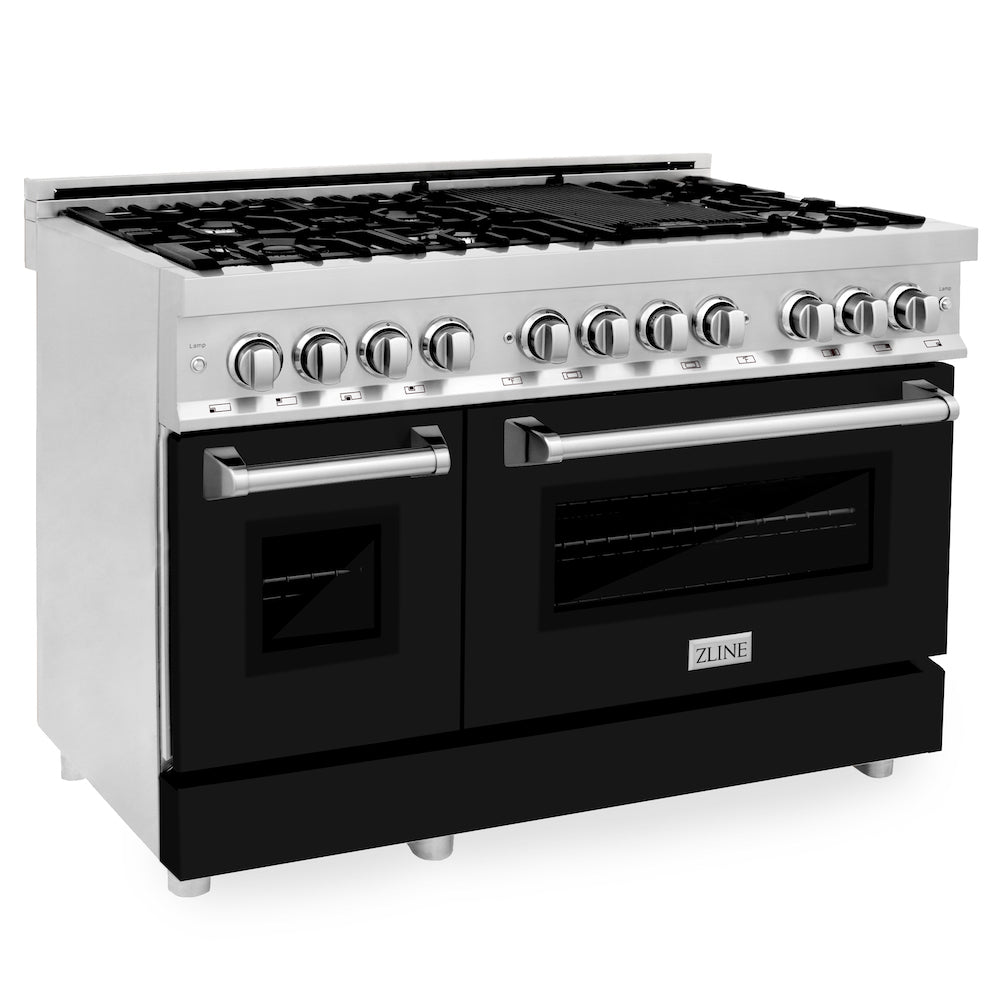 ZLINE 48 in. 6.0 cu. ft. Legacy Dual Fuel Range with 7 Burner Gas Cooktop and 2 Electric Ovens in Stainless Steel and Black Matte Doors (RA-BLM-48) main image.
