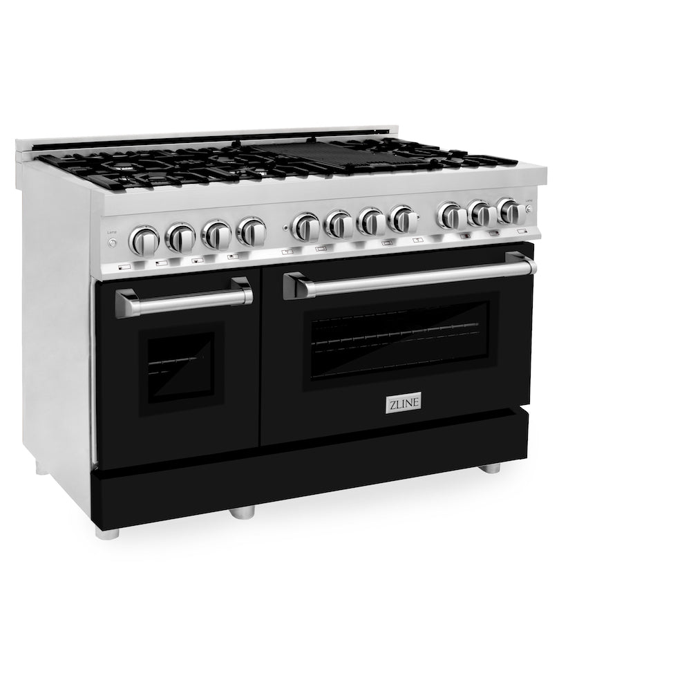 ZLINE 48 in. 6.0 cu. ft. Legacy Dual Fuel Range with 7 Burner Gas Cooktop and 2 Electric Ovens in Stainless Steel and Black Matte Doors (RA-BLM-48) side, oven closed.