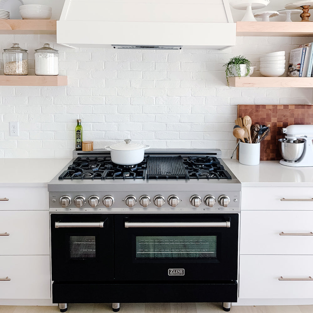 ZLINE 48 in. 6.0 cu. ft. Legacy Dual Fuel Range with 7 Burner Gas Cooktop and 2 Electric Ovens in Stainless Steel and Black Matte Doors (RA-BLM-48) front, oven closed.