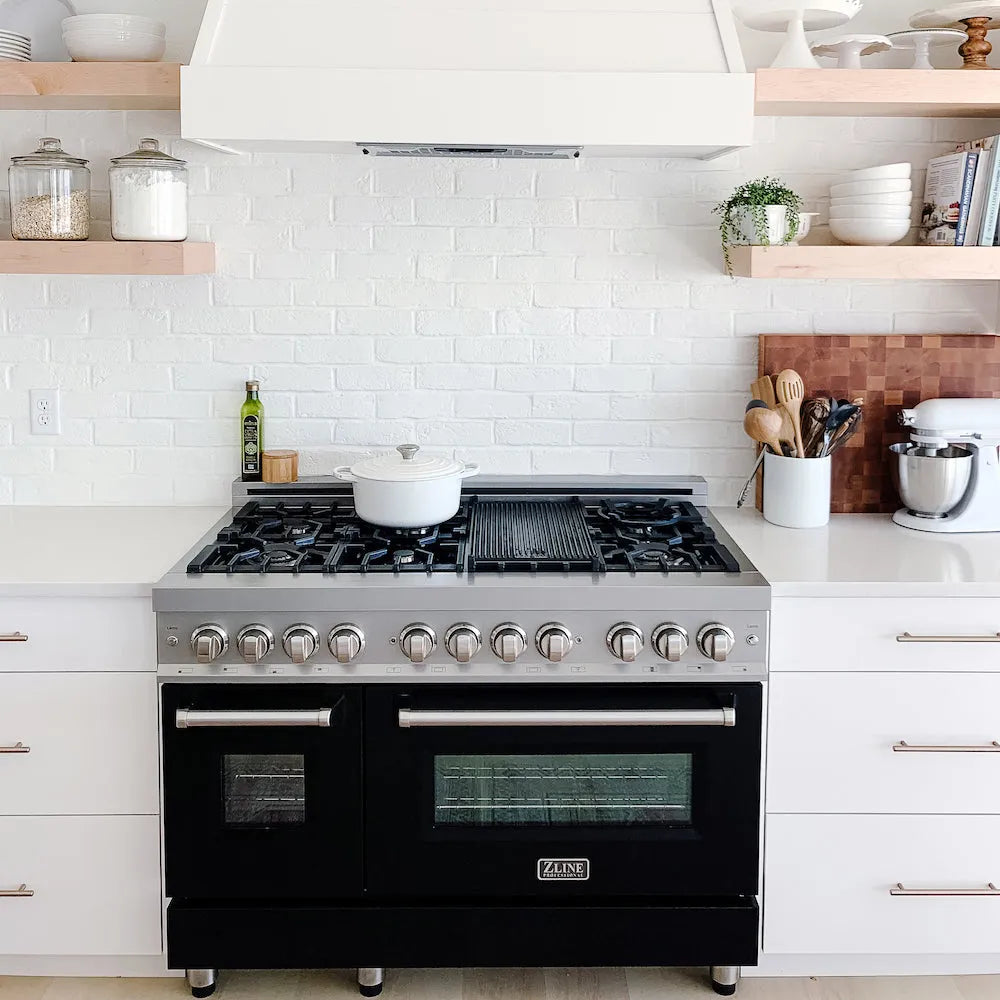 ZLINE 48 in. 6.0 cu. ft. Legacy Dual Fuel Range with 7 Burner Gas Cooktop and 2 Electric Ovens in Stainless Steel and Black Matte Doors (RA-BLM-48) front, oven closed.