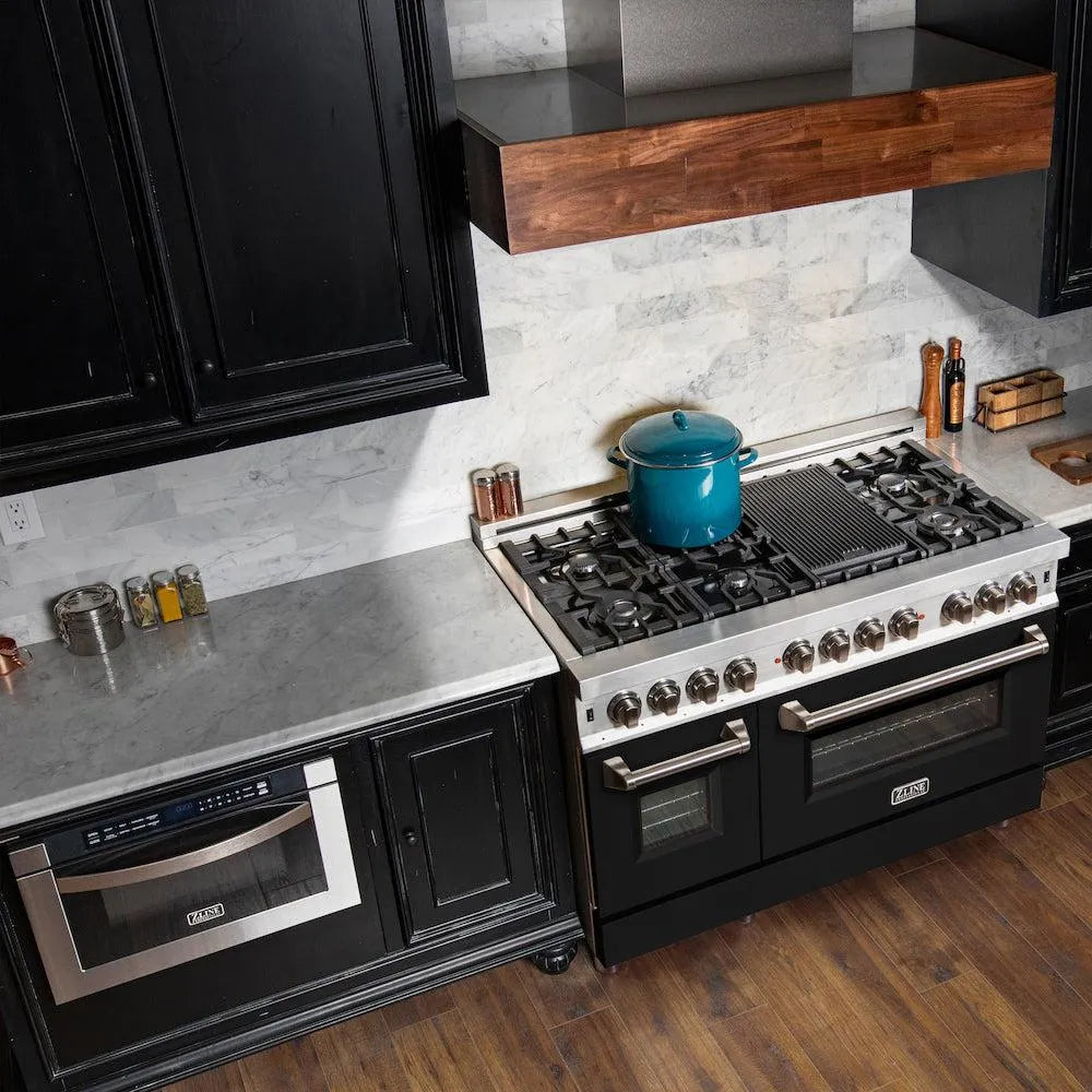 ZLINE 48 in. 6.0 cu. ft. Legacy Dual Fuel Range with 7 Burner Gas Cooktop and 2 Electric Ovens in Stainless Steel and Black Matte Doors (RA-BLM-48) in a luxury kitchen.