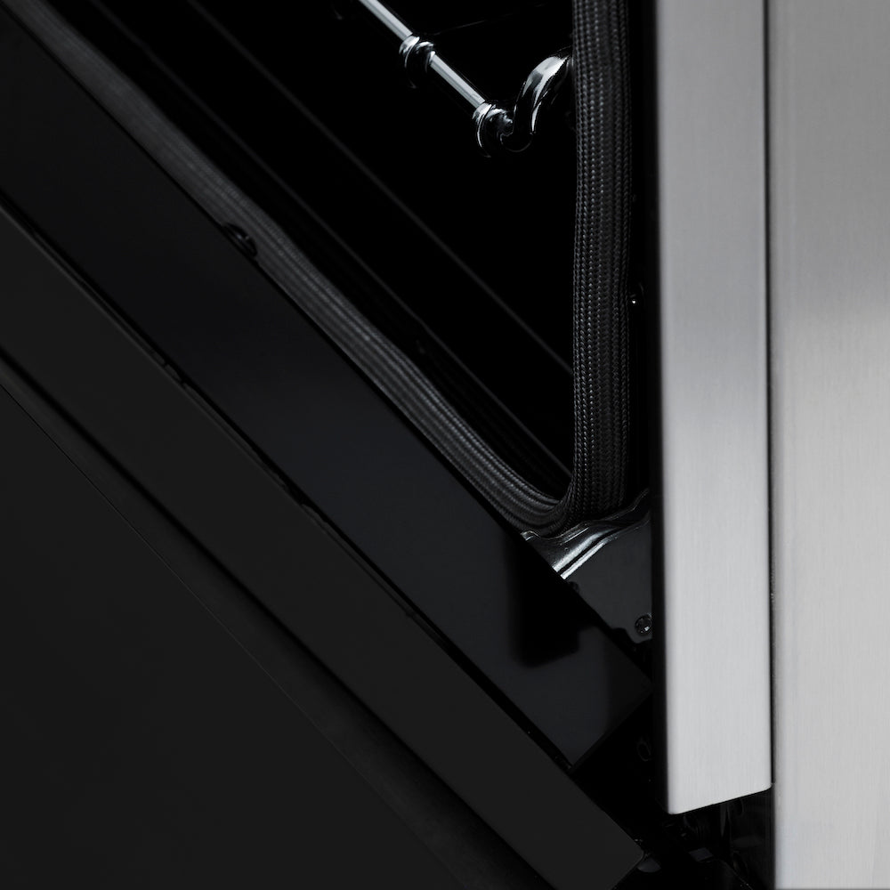 ZLINE 60 in. 7.4 cu. ft. Legacy Dual Fuel Range with 9 Burner Gas Cooktop and 2 Electric Convection Ovens in Stainless Steel and Black Matte Doors (RA-BLM-60) detail StayPut oven door hinges.
