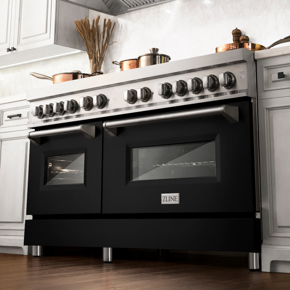 ZLINE 60 in. 7.4 cu. ft. Dual Fuel Range with Gas Stove and Electric Oven in Stainless Steel with Black Matte Doors (RA-BLM-60) from below in a luxury kitchen with cookware on cooktop.