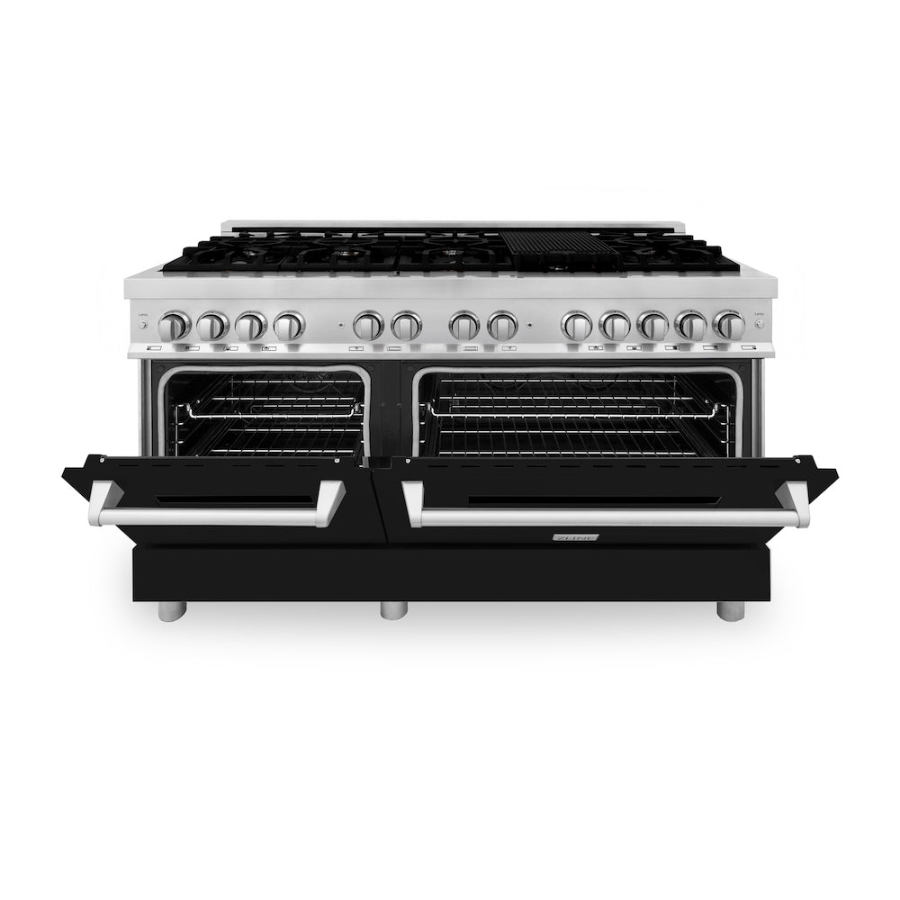 ZLINE 60 in. 7.4 cu. ft. Legacy Dual Fuel Range with 9 Burner Gas Cooktop and 2 Electric Convection Ovens in Stainless Steel and Black Matte Doors (RA-BLM-60) front, oven half open.
