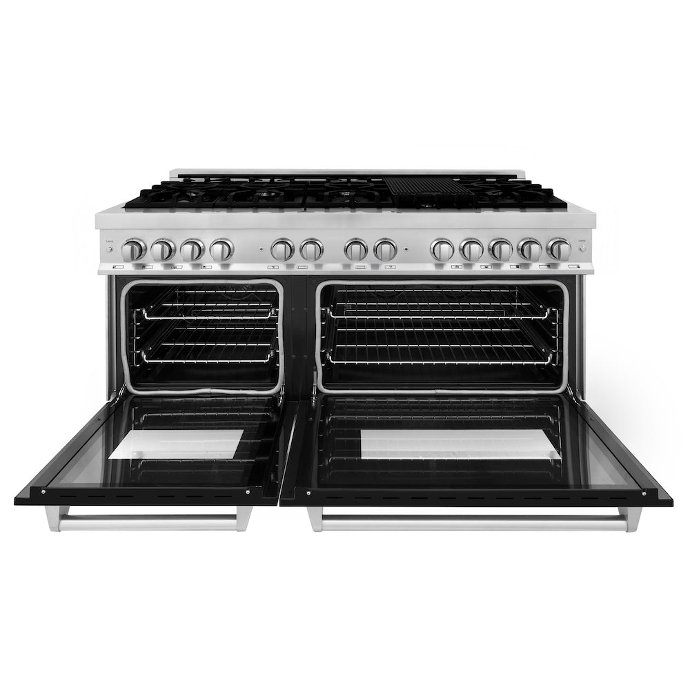 ZLINE 60 in. 7.4 cu. ft. Dual Fuel Range with Gas Stove and Electric Oven in Stainless Steel with Black Matte Doors (RA-BLM-60) front, oven open.