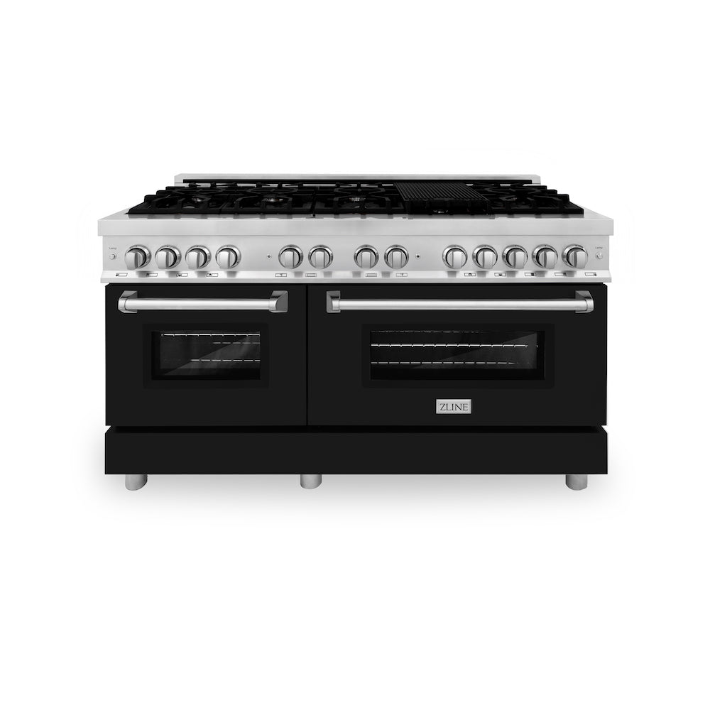 ZLINE 60 in. 7.4 cu. ft. Dual Fuel Range with Gas Stove and Electric Oven in Stainless Steel with Black Matte Doors (RA-BLM-60) front, oven closed.