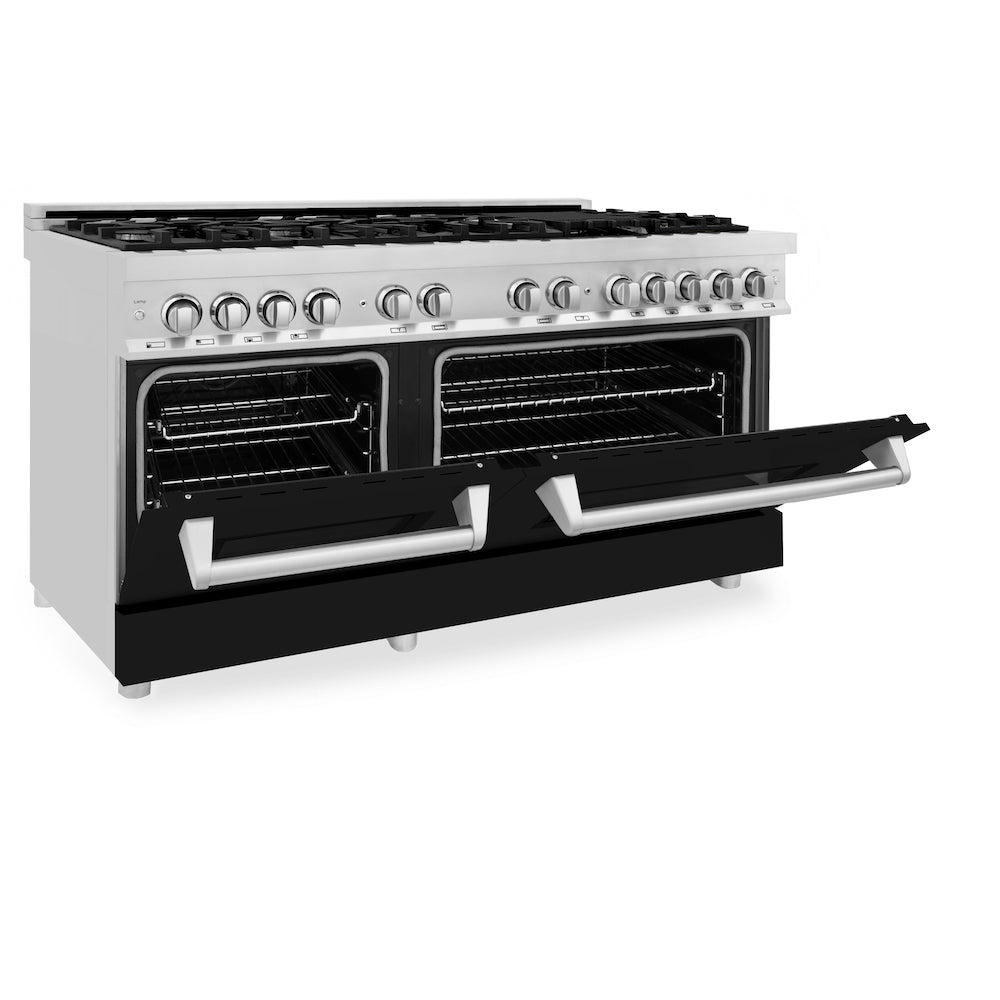 ZLINE 60 in. 7.4 cu. ft. Legacy Dual Fuel Range with 9 Burner Gas Cooktop and 2 Electric Convection Ovens in Stainless Steel and Black Matte Doors (RA-BLM-60) side, oven half open.