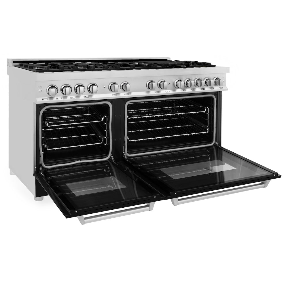 ZLINE 60 in. 7.4 cu. ft. Legacy Dual Fuel Range with 9 Burner Gas Cooktop and 2 Electric Convection Ovens in Stainless Steel and Black Matte Doors (RA-BLM-60)
 side, oven open.