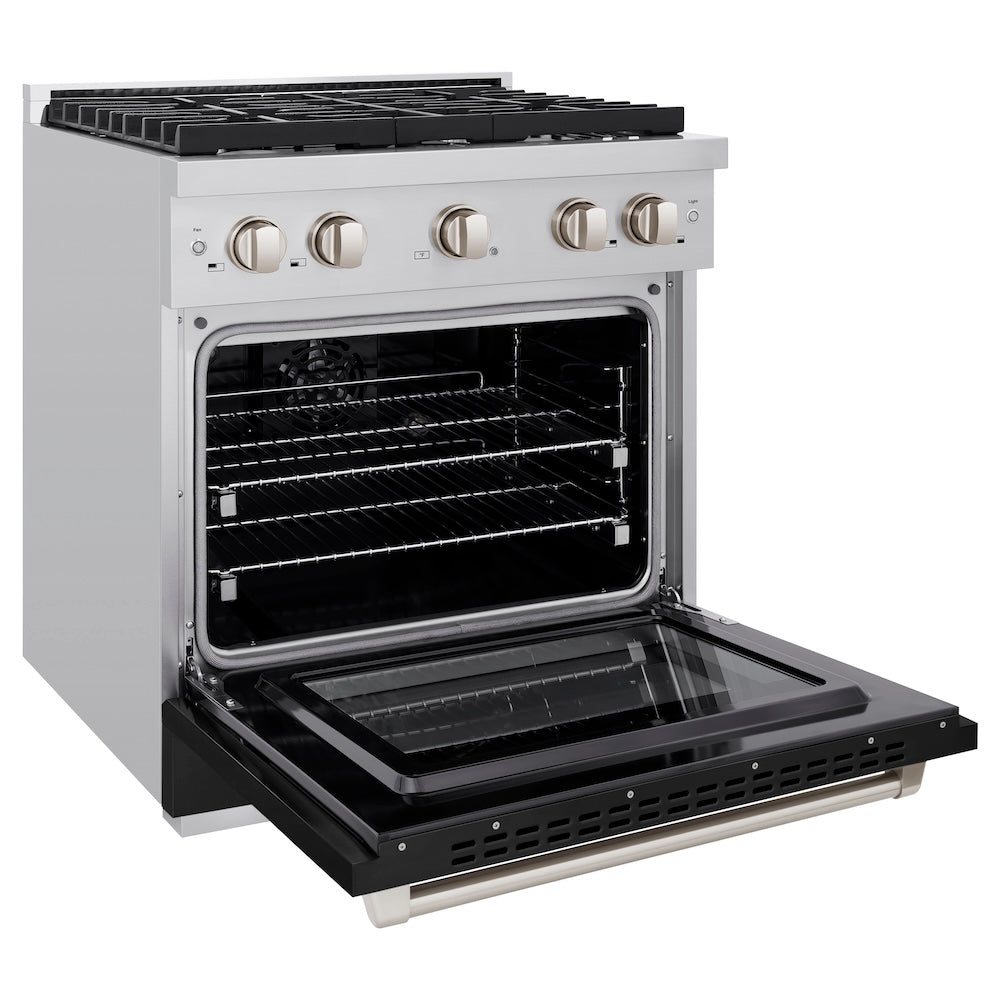 ZLINE 30 in. 4.2 cu. ft. Paramount Dual Fuel Range with 4 Burner Gas Cooktop and Electric Convection Oven in Stainless Steel with Black Matte Door (SDR-BLM-30) side, open.
