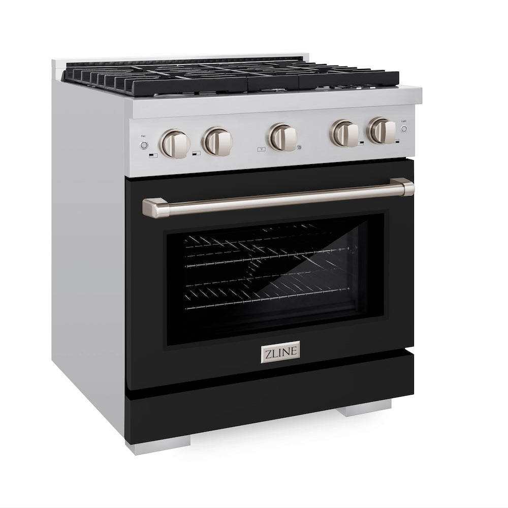 ZLINE 30 in. 4.2 cu. ft. Paramount Dual Fuel Range with 4 Burner Gas Cooktop and Electric Convection Oven in Stainless Steel with Black Matte Door (SDR-BLM-30) side, oven closed.