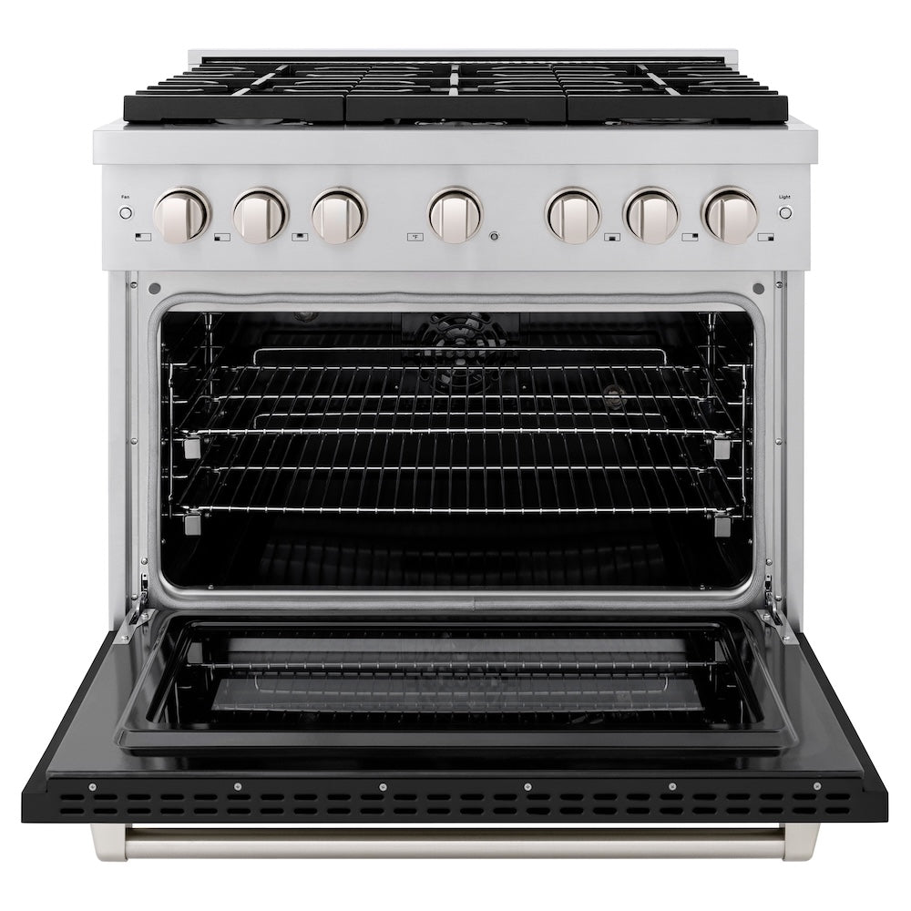 ZLINE 36 in. 5.2 cu. ft. Paramount Dual Fuel Range with 6 Burner Gas Cooktop and Electric Convection Oven in Stainless Steel with Black Matte Door (SDR-BLM-36) front, oven open.