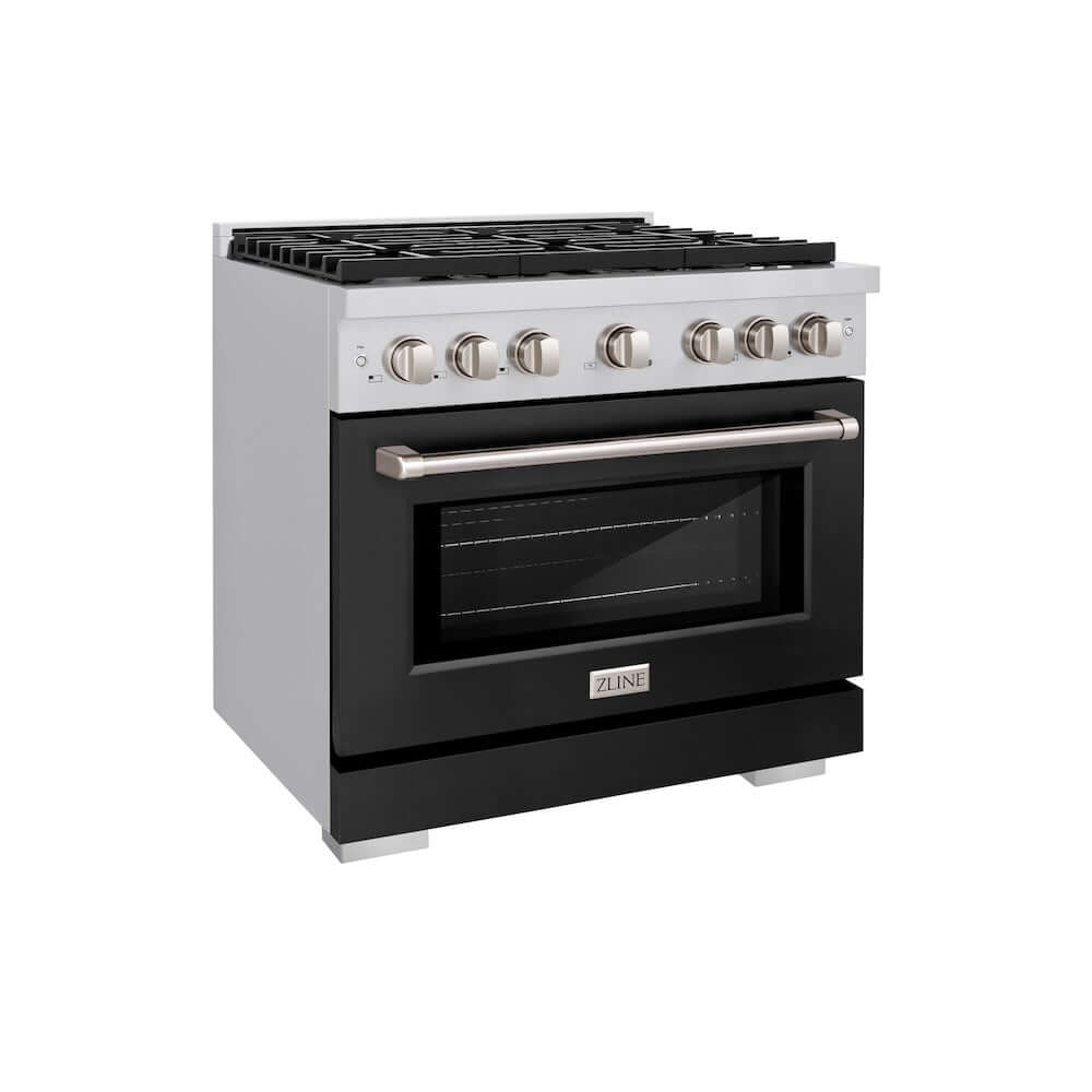 ZLINE 36 in. 5.2 cu. ft. Paramount Dual Fuel Range with 6 Burner Gas Cooktop and Electric Convection Oven in Stainless Steel with Black Matte Door (SDR-BLM-36) main image.