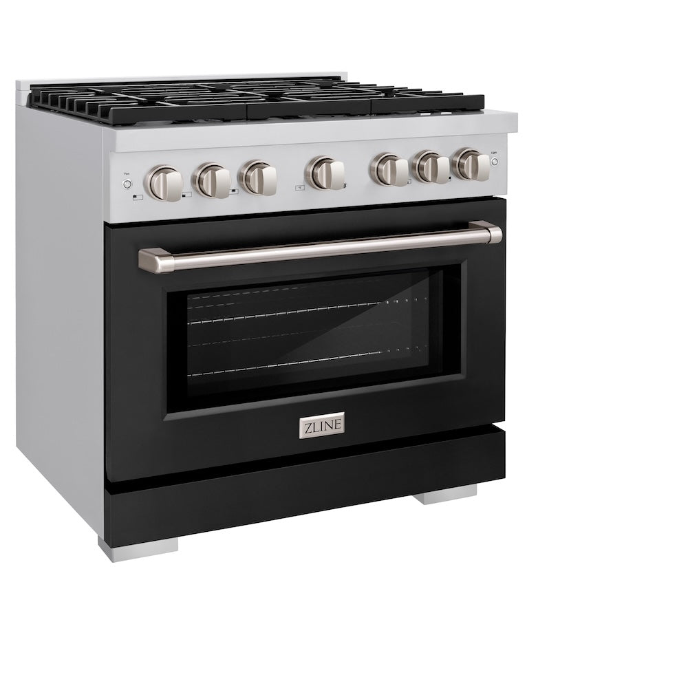 ZLINE 36 in. 5.2 cu. ft. Paramount Dual Fuel Range with 6 Burner Gas Cooktop and Electric Convection Oven in Stainless Steel with Black Matte Door (SDR-BLM-36) side, oven closed.