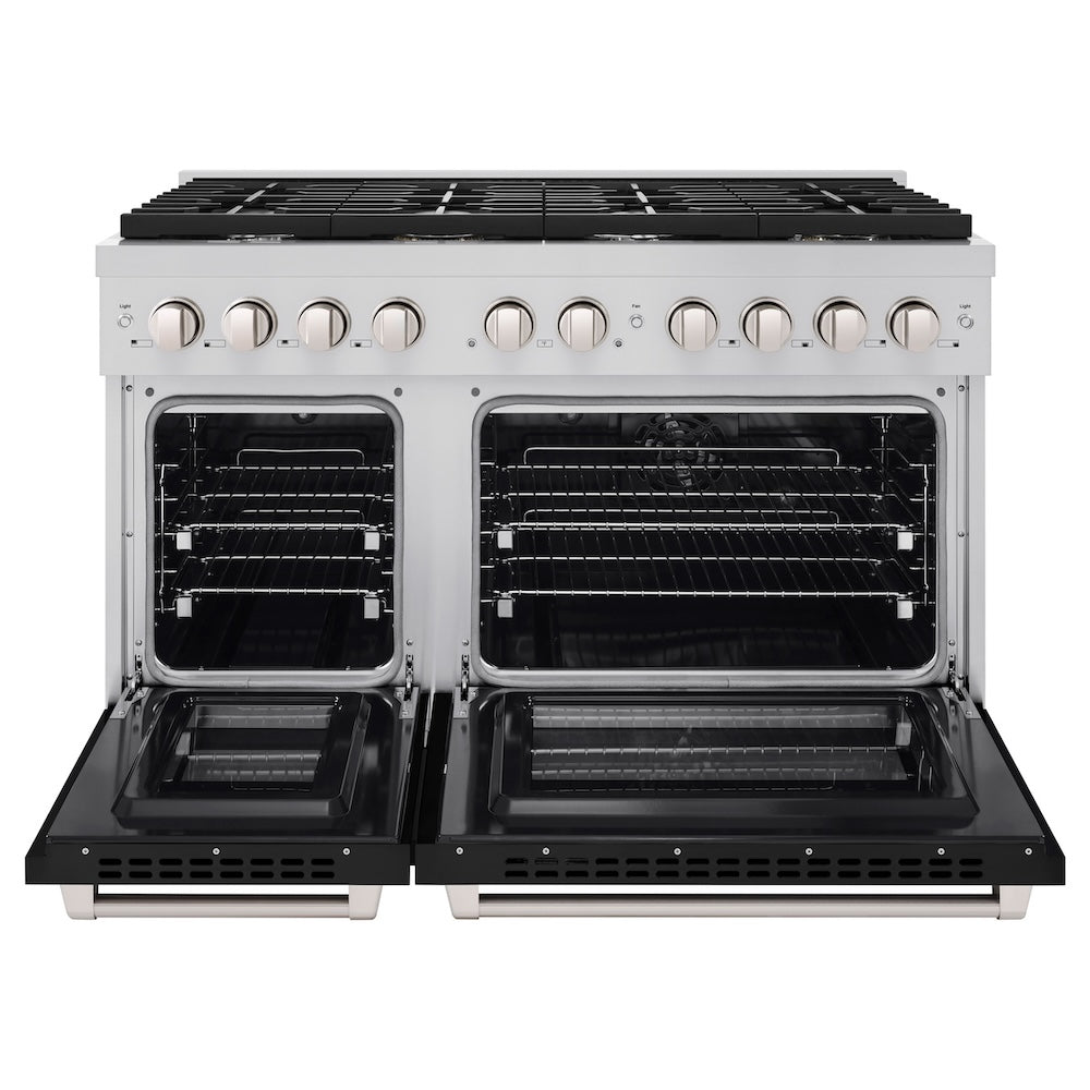 ZLINE 48 in. 6.7 cu. ft. Paramount Double Oven Dual Fuel Range with 8 Burner Gas Cooktop in Stainless Steel with Black Matte Doors (SDR-BLM-48) front, oven open.