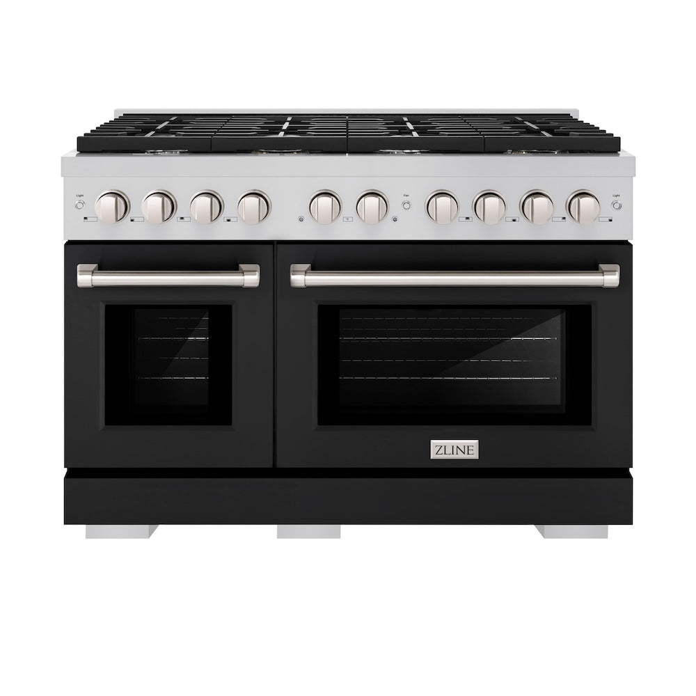 ZLINE 48 in. 6.7 cu. ft. Paramount Double Oven Dual Fuel Range with 8 Burner Gas Cooktop in Stainless Steel with Black Matte Doors (SDR-BLM-48) front, oven closed.