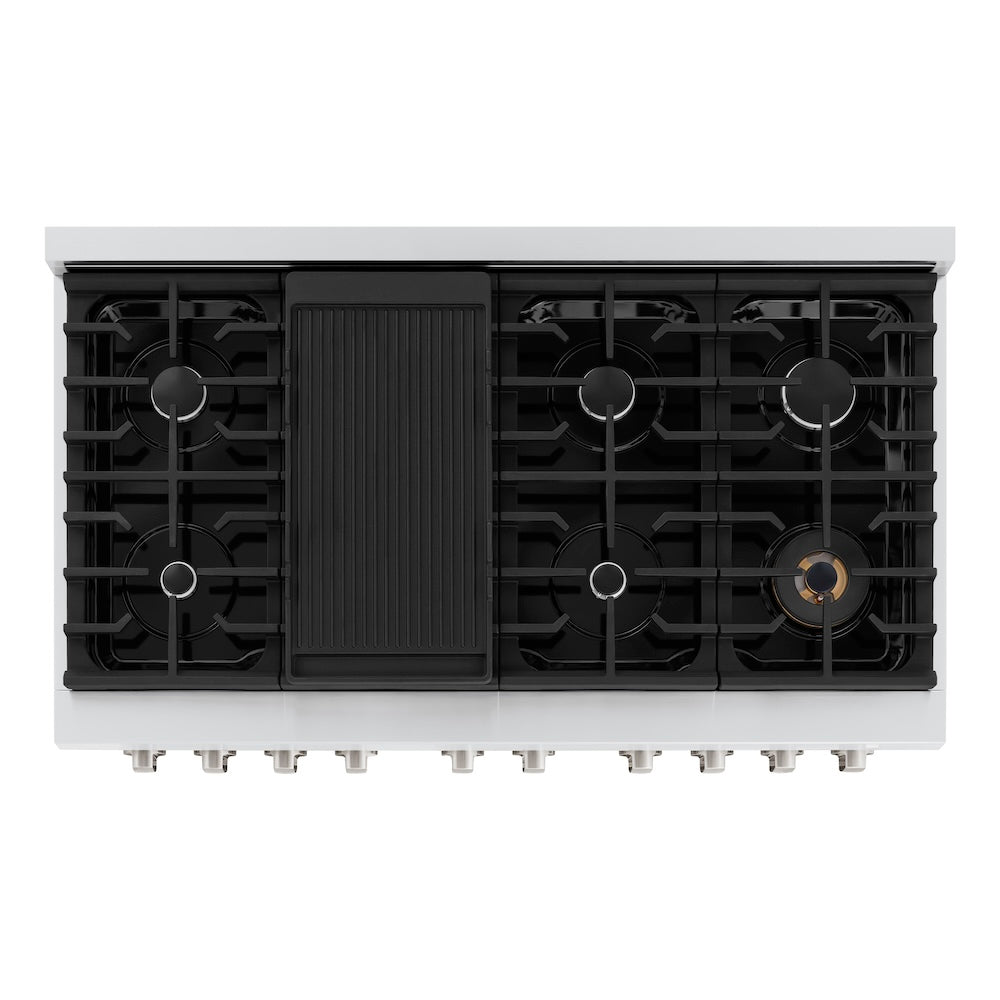 ZLINE 48 in. 6.7 cu. ft. Paramount Double Oven Dual Fuel Range with 8 Burner Gas Cooktop in Stainless Steel with Black Matte Doors (SDR-BLM-48) top-down, above cooktop.