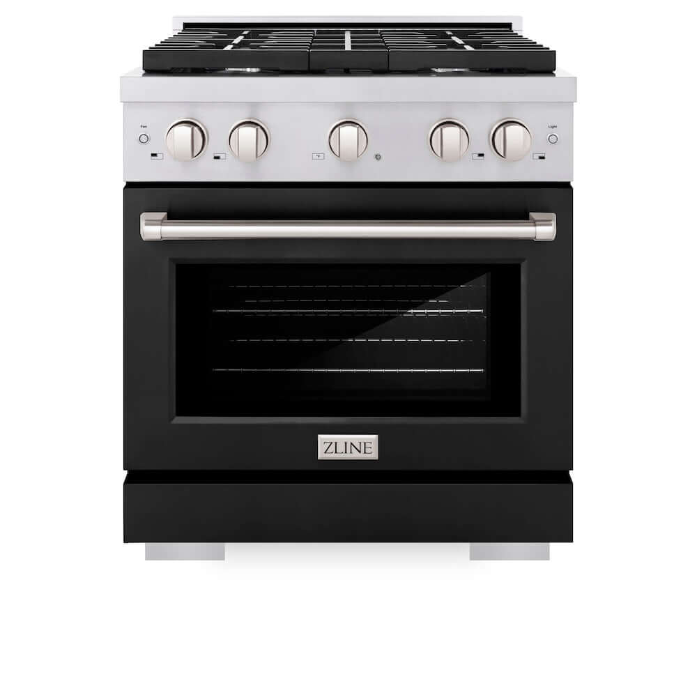 ZLINE 30 in. 4.2 cu. ft. 4 Burner Gas Range with Convection Gas Oven in Stainless Steel with Black Matte Door (SGR-BLM-30) front, oven closed.